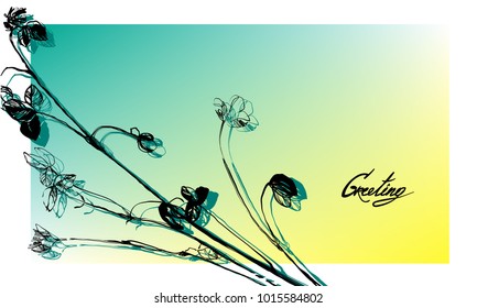 Nifty gentle flower botanical visit card. Noble bloom leave. Vintage nature element on Blue and yellow colored background. Ink drawing sketch. Spring  time color transitions lined design. 