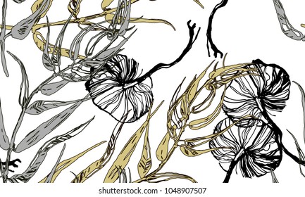 Nifty gentle flower fungus botanical pattern.
 Noble leaves jungle. Vintage nature seamless
 on white colored background. Blue Ink drawing sketch
 print for spring and summer textil  design.