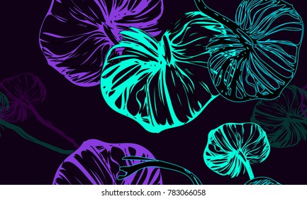 Nifty gentle fungus jungle botanical pattern. Vintage nature bloom seamless on dark purple colored background.Ink drawing sketch print for textile. Mushrooms flowers black and blue lined design.
