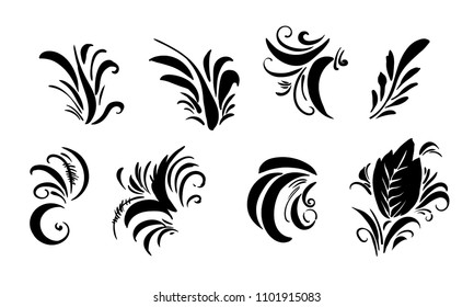 Nifty gentle hand drawn botanical ornament. Vintage nature element for visit card or wedding invitation. Stylish flower, fancy blossom. Black line botanical motiv. Herbal culm. Flesh tattoo set