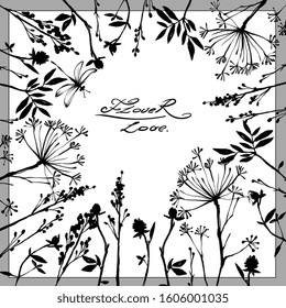 Nifty gentle hand drawn botanical stalk. Vintage nature element for visit card or wedding invitation. Stylish flower, fancy blossom. Black line botanical motiv. Herbal culm.
Postcard with ink flowers