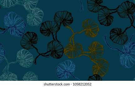 Nifty gentle mushroom botanical pattern. Noble flower jungle fly agaric plant. Vintage nature seamless on blue colored background. Ink drawing sketch print for textile. Trendy wallpaper lined design