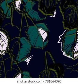 Nifty hand drawing herb pattern. Duo tone effect seamless. Botanical sketch leaves and foot stalk gentle green colored textile print. Fancy  chic herbal soft structure.