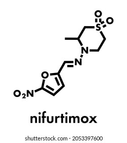 Nifurtimox antiparasitic drug molecule. Used in treatment of Chagas disease and sleeping sickness. Skeletal formula.