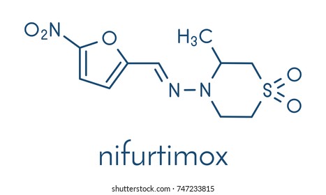 Nifurtimox antiparasitic drug molecule. Used in treatment of Chagas disease and sleeping sickness. Skeletal formula.