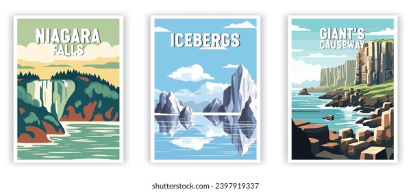 Nigara Falls, Icebergs, Giant's Causeway Illustration Art. Travel Poster Wall Art. Minimalist Vector art.