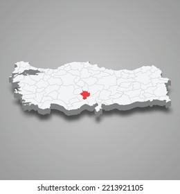 Nigde region location within Turkey 3d isometric map