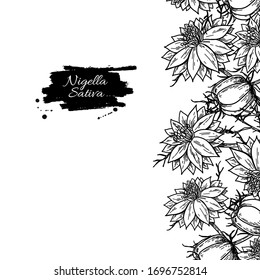 Nigella sativa Rahmenvorlage.Zeichnung der Vektorillustration. Schwarze Cumin, einzelne Illustration. Handgezeichnete botanische Blumen und Blätter. Vintage-Ölzutat. Skizze der Heilkräuter.