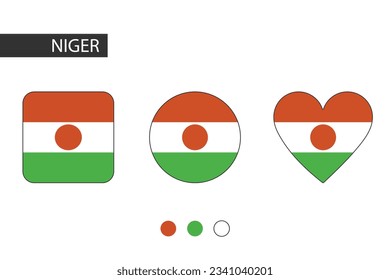 Niger 3 shapes (square, circle, heart) with city flag. Isolated on white background.
