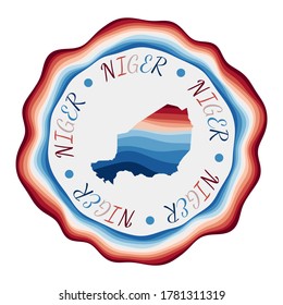 Niger badge. Map of the country with beautiful geometric waves and vibrant red and blue frame. Vivid round Niger logo. Vector illustration.