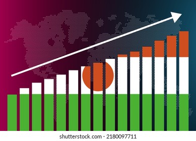 Niger bar chart graph, increasing values, country statistics concept, Niger country flag on bar graph, upward rising arrow on data, news banner idea