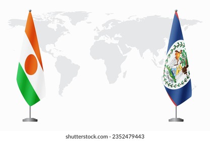Banderas de Níger y Belice para una reunión oficial en el fondo del mapa mundial.