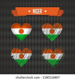 Niger. Collection of four vector hearts with flag. Heart silhouette