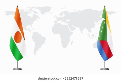 Niger and Comoros flags for official meeting against background of world map.