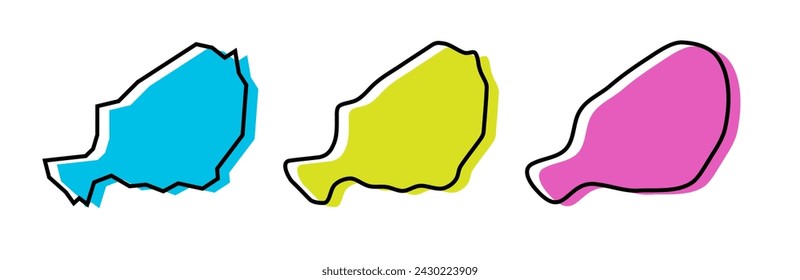 Niger country black outline and colored country silhouettes in three different levels of smoothness. Simplified maps. Vector icons isolated on white background.
