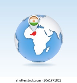 Níger - mapa del país y bandera localizada en el mundo, mapa del mundo. Ilustración del vector 3D
