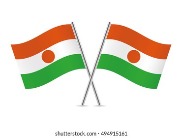 Niger crossed flags. Nigerien flags on a white background. Vector icon set. Vector illustration.
