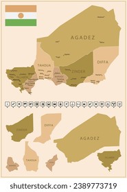 Niger - detailed map of the country in brown colors, divided into regions. Vector illustration