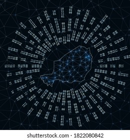 Niger digital map. Binary rays radiating around glowing country. Internet connections and data exchange design. Vector illustration.