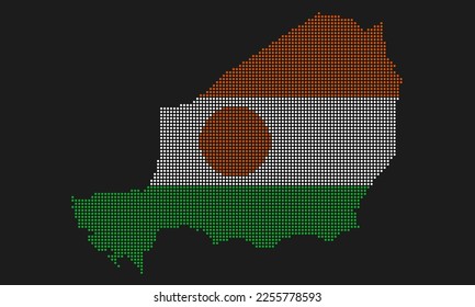 Niger dotted map flag with grunge texture in mosaic dot style. Abstract pixel vector illustration of a country map with halftone effect for infographic. 