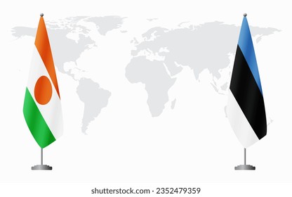 Niger and Estonia flags for official meeting against background of world map.