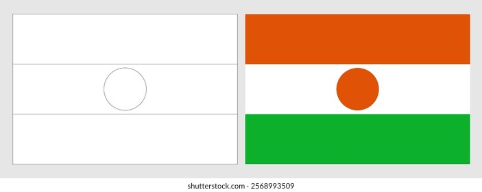 Niger flag - coloring page. Set of white wireframe thin black outline flag and original colored flag.