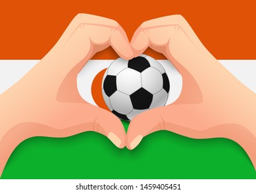 Niger flag and hand heart shape. National football background. Soccer ball with flag of Niger vector illustration