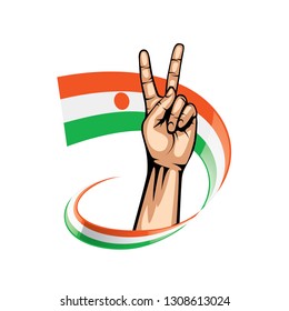 Niger flag and hand on white background. Vector illustration