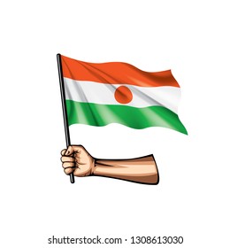 Niger flag and hand on white background. Vector illustration