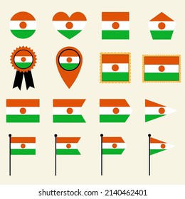 Niger flag icon set in 16 shape versions. Collection of Niger flag icons with square, circle, heart, triangle, medal, stamp and location shapes.