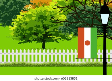 Niger Flag, Landscape of Park, Trees, Fence wooden and Street light Vector Illustration 