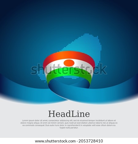Niger flag, mosaic map on blue white background. Wavy ribbon with the niger flag. Vector banner design, national nigerian poster. Business booklet. State patriotic flyer, brochure