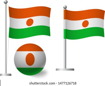 Niger flag on pole and ball. Metal flagpole. National flag of Niger vector illustration
