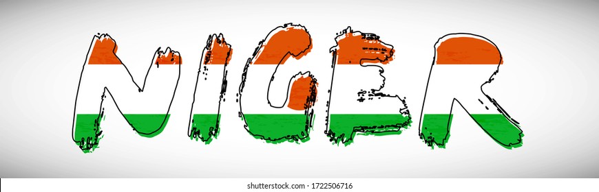 Niger flag on text typography. Country name banner strip. Elegant typography background