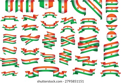 Niger Flag Ribbon Collection Set – Wavy Ribbon, Badge, Frame and Decorative Design Elements Vector Illustration.eps
