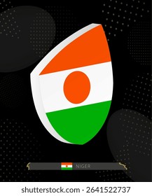 Niger Flag Shield icon in 3D on Dark Modern Abstract Rugby Background. Perfect for sports events, heritage themes, national celebrations, and patriotic designs.