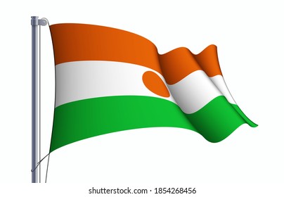 Símbolo del estado de la bandera nigerina aislado en una bandera nacional de fondo. Tarjeta de saludo Día Nacional de la Independencia de la República del Níger. Cartel de ilustración con bandera de estado realista.