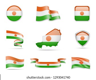 Niger flags collection. Flags and outline of the country. Vector illustration