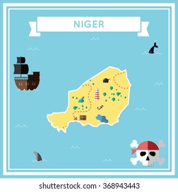 Niger flat treasure map. Colorful cartoon treasure map of Niger with flat icons of pirate ship, jolly roger, treasure chest and banner ribbon. Flat design vector illustration.