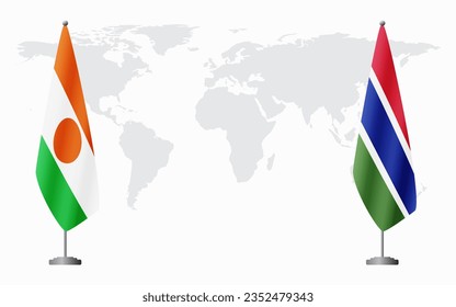 Niger and Gambia flags for official meeting against background of world map.