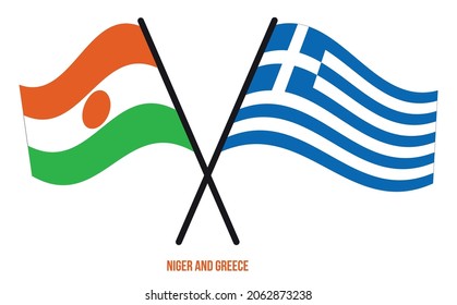 Niger und Griechenland Flaggen überquert und schwingen Flat Style. Offizieller Anteil. Korrigieren Sie Farben.