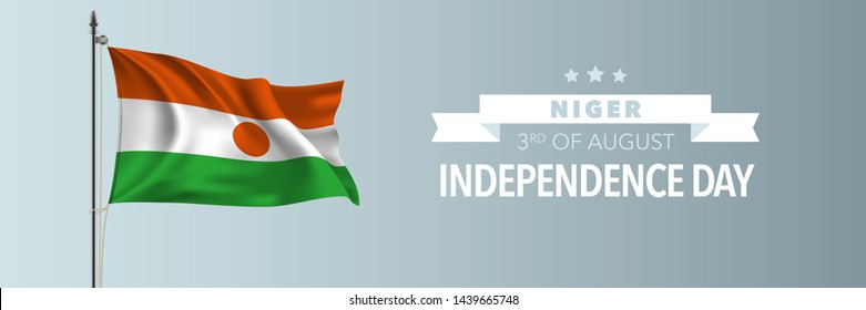 Niger happy independence day greeting card, banner vector illustration. Nigerian national holiday 3rd of August design element with waving flag on flagpole 