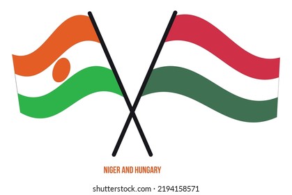 Niger and Hungary Flags Crossed And Waving Flat Style. Official Proportion. Correct Colors.