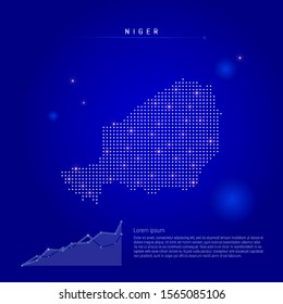 Niger illuminated map with glowing dots. Infographics elements. Dark blue space background. Vector illustration. Growing chart, lorem ipsum text.