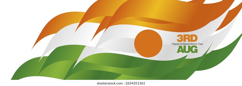 Niger Independence Day 3rd of August banner. Bold typography lettering message 3rd of August on Niger abstract flag ribbon background