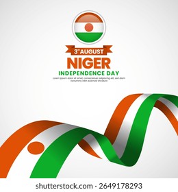 Niger independence day greeting card, square banner background with warving ribbon flag