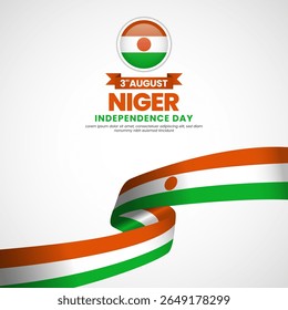 Niger independence day greeting card, square banner background with warving ribbon flag