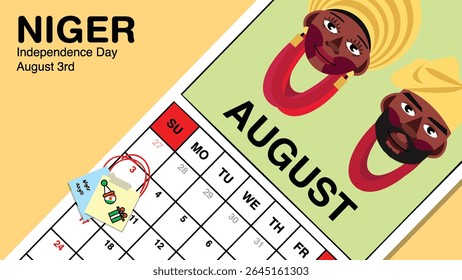 Niger Independence Day reminder on August 3rd in a wall calendar with illustrative people wearing the nation's traditional attire.