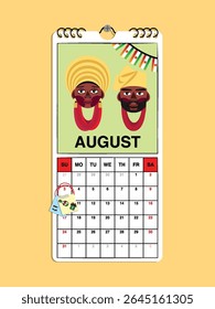 Niger Independence Day reminder on August 3rd in a wall calendar with illustrative people wearing the nation's traditional attire.
