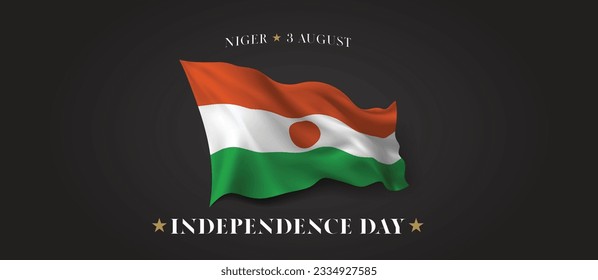 Niger independence day vector banner, greeting card. Nigeriens wavy flag in 3rd of August patriotic holiday horizontal design with realistic flag